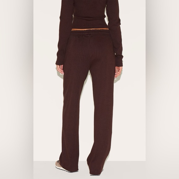 Pretty Little Things DARK BROWN RIBBED WIDE LEG PANTS - Picture 2 of 6